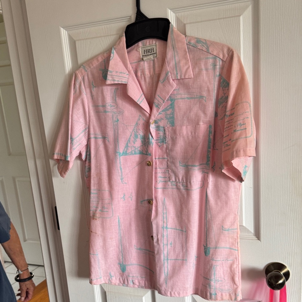 HRH Pink Vintage Aloha Shirt with light teal print